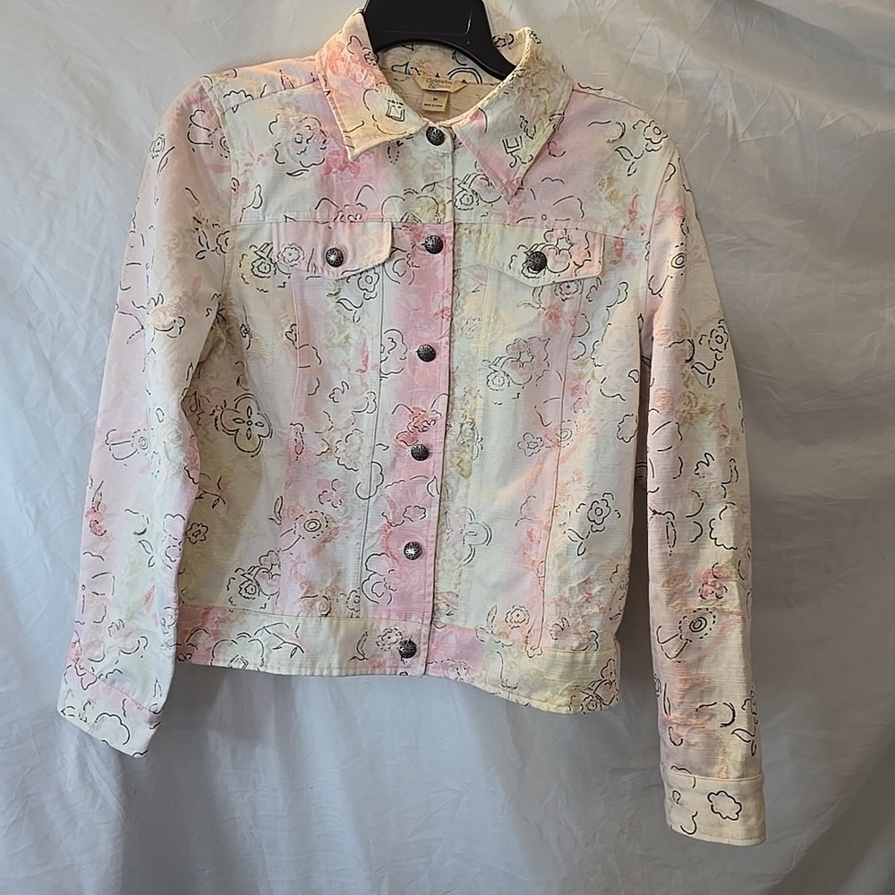 Christopher & Banks Women's Sz M Pink Satin Floral Embroidered Blazer Jacket
